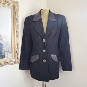 Vintage Alberto Makali Charcoal Gray Wool Pinstripe Blazer Leather Trim Size 8